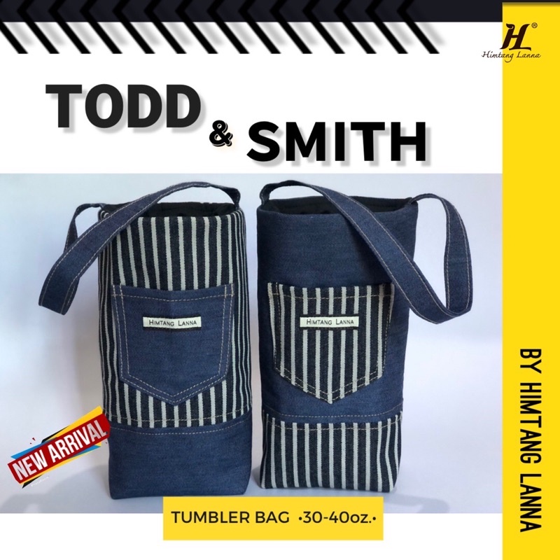 Cup Bag Todd & Smith กระเป๋ายีนส์ลายทางเท่ห์ๆ สามารถใส่แก้วเก็บความเย็นได้ มีกระเป๋าหน้าน้อยๆ เก๋ๆ