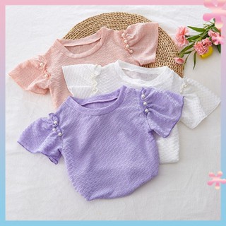 Girls short-sleeved T-shirt T2022 summer new girls baby Korean style all-match coat girls beaded clothes