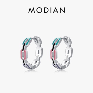 Modian ของแท้ ต่างหูห่วง เงินสเตอร์ลิง 925 จี้ทรงเรขาคณิต สีรุ้ง สําหรับผู้หญิง