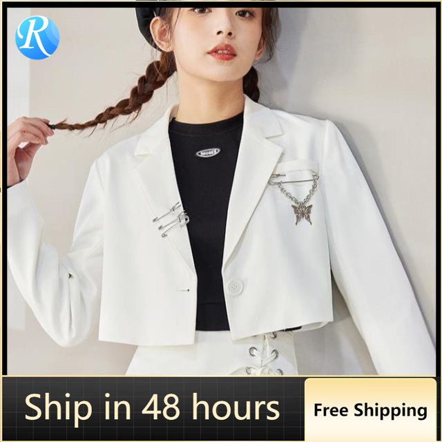 ใหม่ เสื้อสูทเบลเซอร์ ตัวสั้น Y2K สีพื้น บาง ผ่อนคลาย เหมาะกับฤดูใบไม้ผลิ ฤดูใบไม้ร่วง สําหรับผู้หญิง