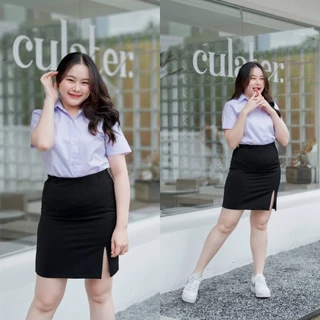 กระโปรงนักศึกษาทรงเอผ่าหน้าไซต์ใหญ่ ทรงเอผ่าหน้าสาวอวบ กระโปรงทรงเอ ผ้าฮานาโกะ สีดำ ผ้ายืด