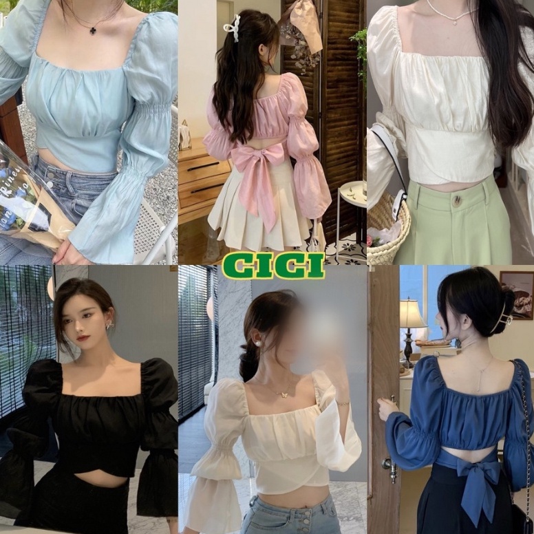 ส่งทันที Cici(NO. A96)เสื้อครอปคอเหลี่ยม สม็อคแขน ดีเทลผูกโบว์ด้านหลัง น่ารัก