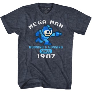 Running &amp; Gunning Since 1987 Mega Man T-Shirt เสื้อยืดสีขาวผู้หญิง เสื้อยืดน่ารักๆ เสื้อตราหานคู่