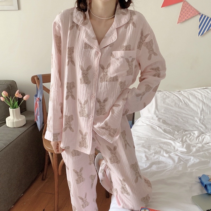 bunny pink sleepwear - ชุดนอนผ้าฝ้ายลายกระต่าย (รุ่นแขนยาว-ขายาว)
