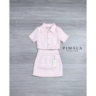 เซ็ทเสื้อคอปก+กระโปรงสีชมพูหวานสดใสแต่งกระดุมเรียง3เม็ดน่ารัก