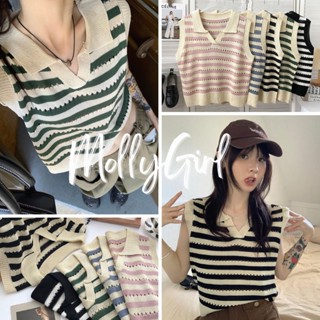 Mollygirl เสื้อกล้ามลายทาง เสื้อแขนกุด คอปก เสื้อวินเทจ เสื้อแฟชั่นผญ 031#