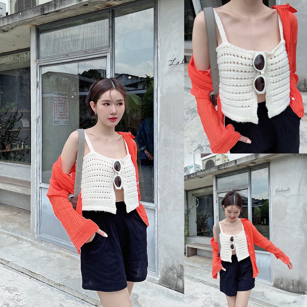 ครีม/ฟ้า/เขียว/น้ำตาล SLYQ MELLOW SPLIT FRONT KNIT SINGLET เสื้อสายเดี่ยวไหมพรมถัก เนื้อหนา โทนสีสายไหมฟูๆ
