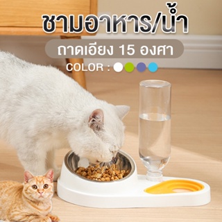 ชามอาหารแมว ชามข้าวแมว เอียง15องศาให้น้องกินง่าย ชามข้าวสแตนเลส ที่ใส่อาหารแมว มาพร้อมที่ให้น้ำอัตโนมัต 2in1 สวยงาม Cat