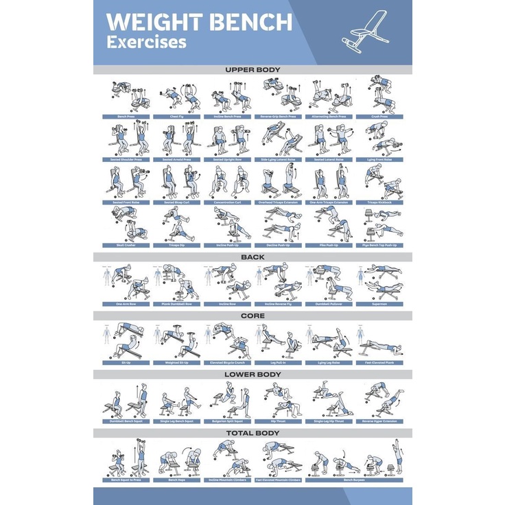 น้ําหนัก Bench โปสเตอร์ออกกําลังกายสําหรับ Home Gym โปสเตอร์ออกกําลังกายสําหรับ Full Body ออกกําลังกาย Core Abs ขา Glutes Upper Body Training Program