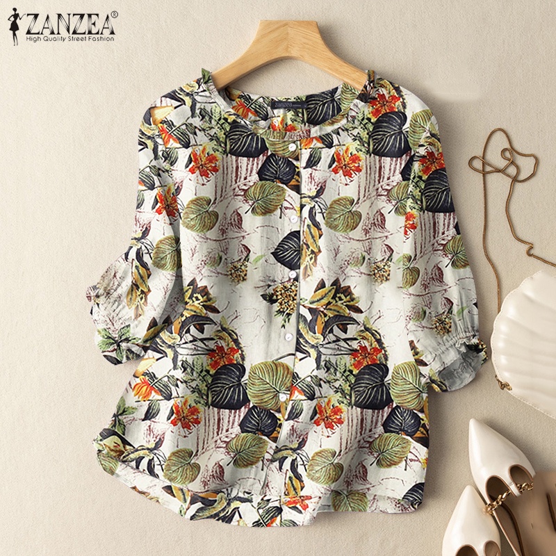 Zanzea เสื้อลําลองสําหรับสตรี ผ้าฝ้าย แขนสั้น พิมพ์ลาย ทรงหลวม สไตล์เกาหลี — صورة 3