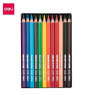 Deli ดินสอสี 12สี ด้ามยาว สีไม้แท่งยาว ลปะ ระบายง่าย Color Pencils ดินสอสีจัมโบ้ มาพร้อมกบเหลาดินสอ