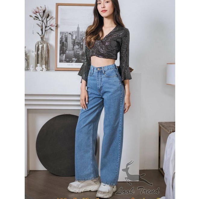 Looktrend888 กางเกงยีนส์ เอวสูง ผู้หญิง ขากว้าง ทรงกระบอกใหญ๋ ผ้าไม่ยืด ป้ายกวาง 2 สี ราคา ถูกที่สุด ดีลบีเคเค แกลเลอรีภาพที่ 3