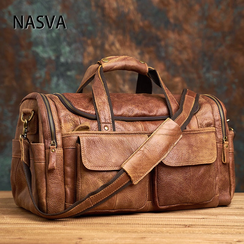 NASVA Genuine Leather Retro Travel Bag Shoulder Messenger Casual Backpack Business Trip Large Capacity Luggage Bag Men