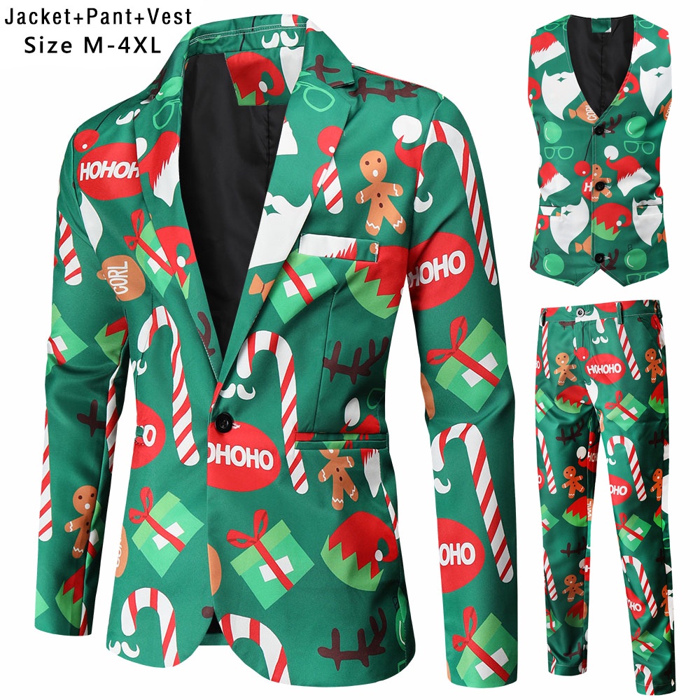 New Mens Christmas Suits Three-piece Cute Cartoon 3D Printed Casual Suit Jacket  Pants Vest 3Pcs Xmas Party Dress 12 Col #4