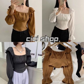 Cicishop(D77)เสื้อครอป แขนยาวแต่งชายระบายเพิ่มความน่ารักคอเหลี่ยมทรงดีสไตล์โคเรียมากก