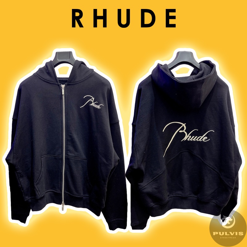 [(คุณภาพกระจก] - Rhude Black Full zip Oversize hoodie Logo ปัก, Wide style Rhude hoodie zip Jacket