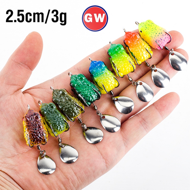 tokushima เหยื่อตกปลา รูปกบกระโดด แบบนิ่ม ขนาดเล็ก 2.5 ซม. 3 กรัม 8 สี พร้อมช้อนคู่ 1 ชิ้น