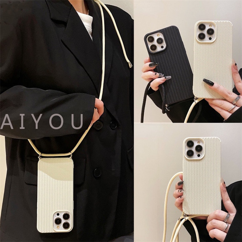 เคสโทรศัพท์มือถือซิลิโคน ผ้าถัก หรูหรา พร้อมสายคล้อง สําหรับ iPhone 16 15 14 Pro Max 13 12 11 X S XR SE 8 7 Plus SE 3