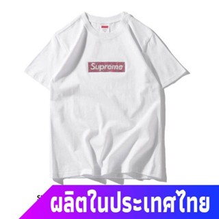 สุดยอดไฟ สุพรีมเสื้อยืดกีฬา Supreme Swarovski Box โลโก้เสื้อยืดแขนสั้น Hoodie Cotton Supreme Sports T-shirt t-shirt