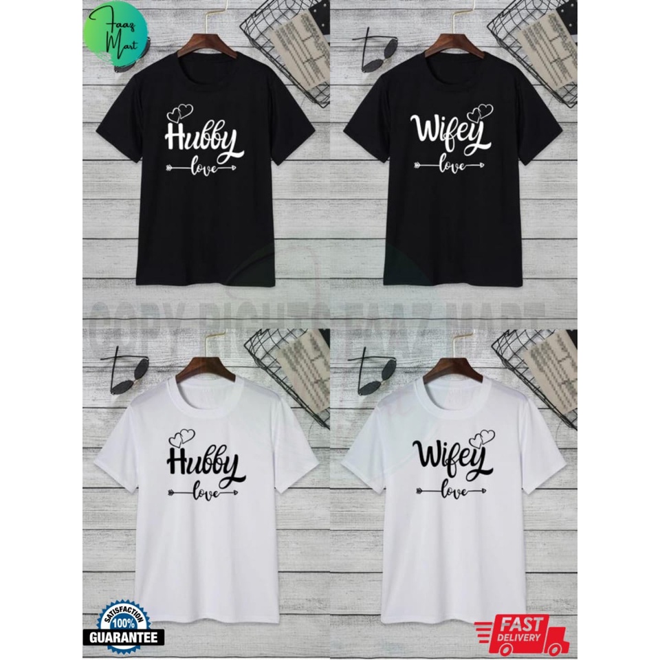 COUPLES ROUND NECK COTTON เสื้อยืด/HUBBY และ WIFEY PRINTED TSHIRT ผู้ขายท้องถิ่น