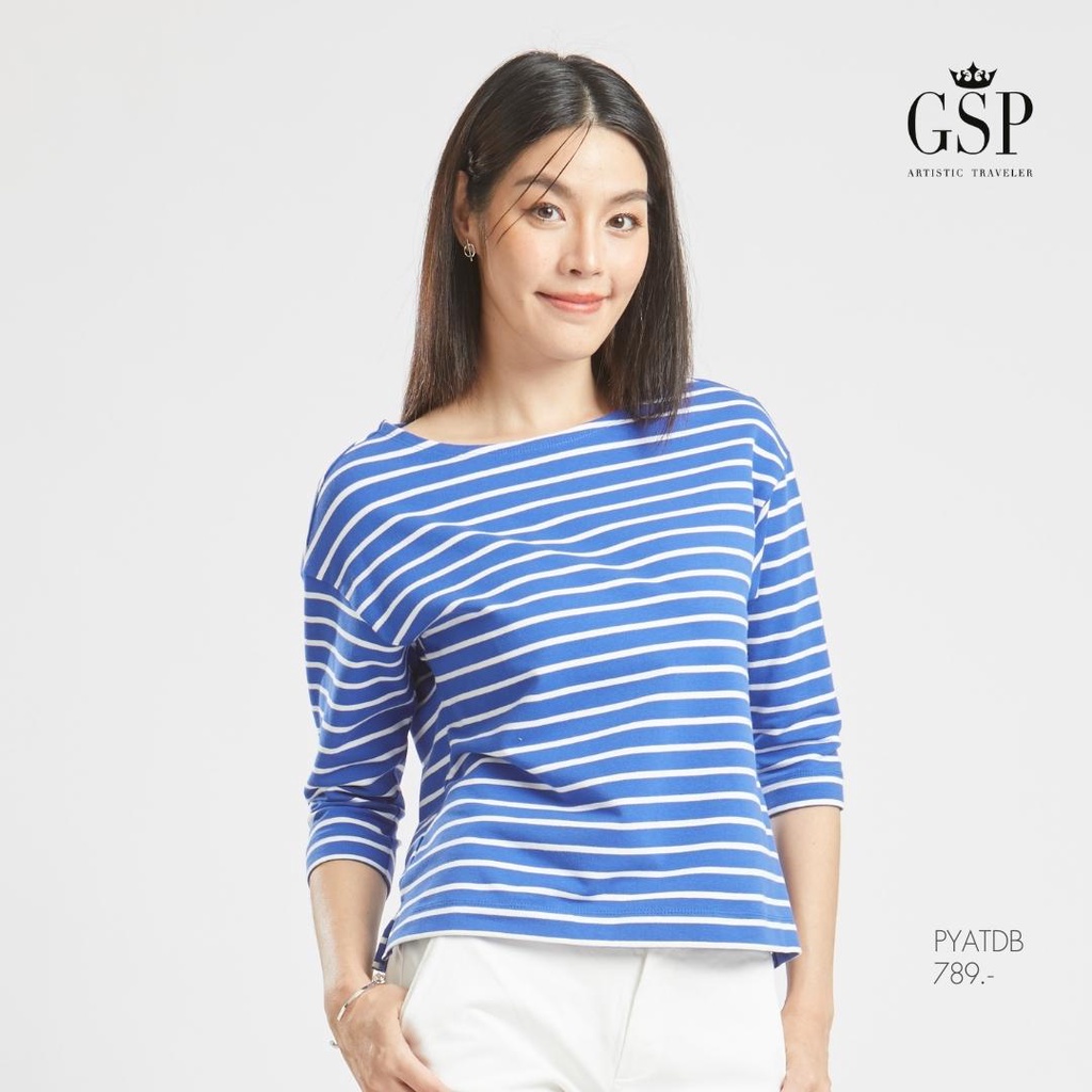 GSP Blouse เสื้อยืดแขนยาวลายริ้วสีขาวกรม Lucky Stripes (PYATDB)