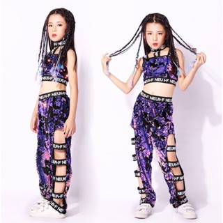 ชุด Hip Hop เสื้อพร้อมกางเกงขายาวปักเลื่อม มีซับใน สีม่วงดำ สไตล์เกาหลี