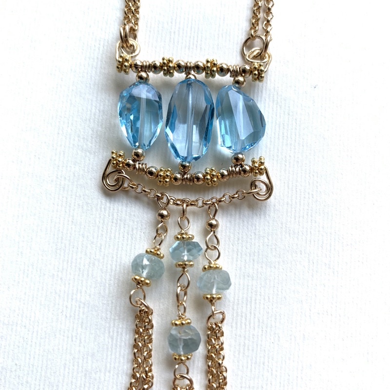สร้อยคอพลอยแท้ บลูโทพาส และ อความารีน 14k Gold Filled Trio Blue Topaz Necklace 14 KGF w/ Aquamarine