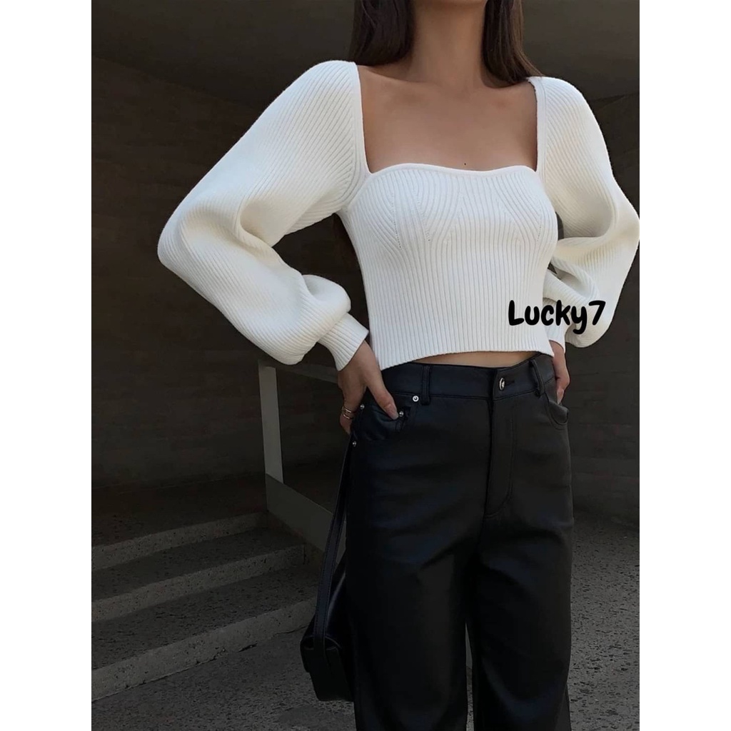 BY IRA เสื้อไหมพรมแขนยาว ดีไซน์จั้มแขน คอสี่เหลี่ยมแต่งเป็นลุคเปิดไหล่ได้ปังปวั๊ะมากค่า