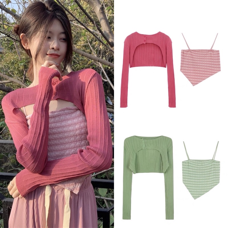 Lady_sakura 56018/BO#เสื้อคลุมไหมพรม​เเขนยาวเช็ท2ชิ้น+สายเดี่ยวลายทางปลายเสื้อแต่งตัววี