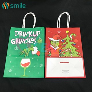 ღ Grinch ถุงกระดาษคราฟท์2023ที่จับคริสต์มาส Green Monster Kids Present Candy Party Packaging Bag Xmas Party Decor