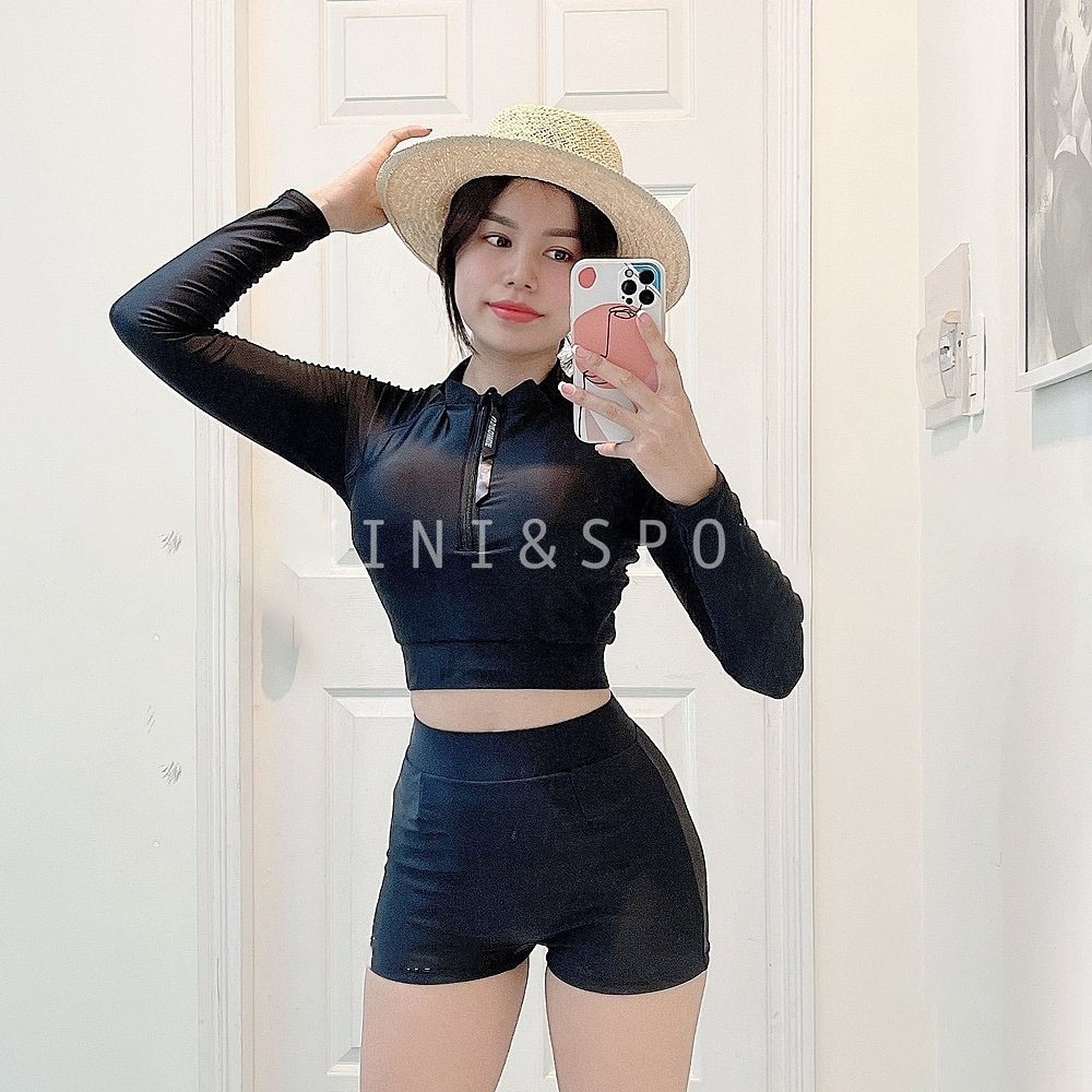 ชุดว่ายน้ําผู้หญิง 2 ชิ้นแขนยาวกางเกงขาสั้นเป็นรอยแยกบิกินี่ไปทะเลว่ายน้ํายางยืดเย็นซิปคอนซีลเลอร์ |