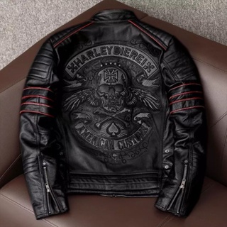 เสื้อแจ็กเก็ตหนังวัวแท้ ปักลายโลโก้ Harley สําหรับผู้ชาย เหมาะกับการขี่รถจักรยานยนต์