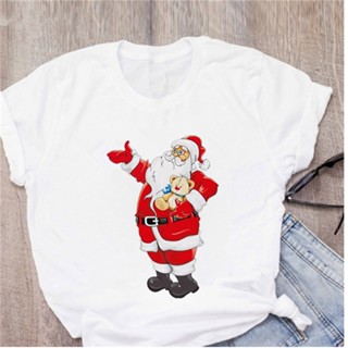 เสื้อยืด Christmas T-shirt Dabbing Santa Claus T-shirt Ladies Fashion New Year Short-sleeved T-shirt Santa Claus T-shirt