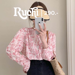 RUCHI - เสื้อลายดอกสีชมพู ผ้าพริ้วๆ pink leaf ผ้าไม่ค่อยยับ แขนยาว สวย