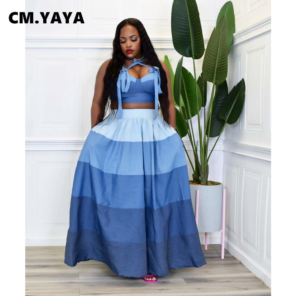 CM.YAYA Gradient Striped Two 2 Piece Set Women 2022 Summer Crop Top and Big Swing Ball Gown Maxi Long Skirt Suit Elegant #7