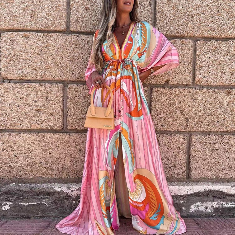 ASummer Print Casual Women Dresses Oversized Holiday Beach Dress Boho Long Cover-Up Dress Female Long Sleeve Loose Tunic #8