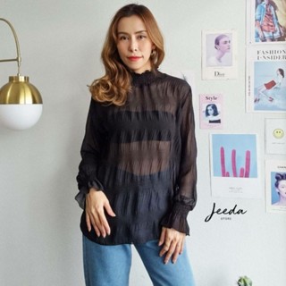 New Arrival 🐈‍⬛เสื้อคอเต่า ผ้าซีทรู แขนระบาย    #89665
