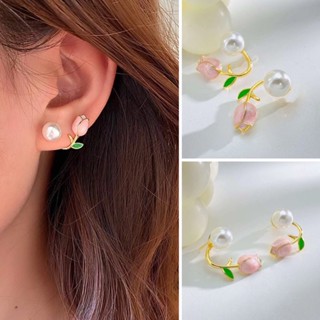 ต่างหูมุก ต่างหูทิวลิป ดอกชมพูใบเขียว พร้อมส่ง! (#P1-H)