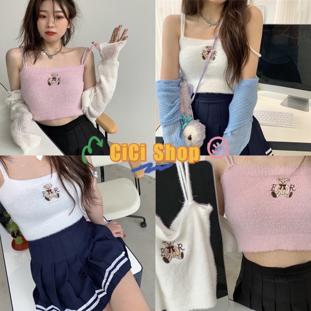 Cicishop(7825/39066)เสื้อครอปสายเดี่ยวไหมพรมขนลูกนก ตกแต่งด้วยลายหมี