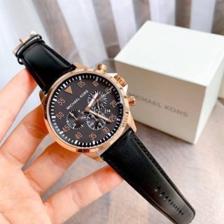 (ผ่อน0%) นาฬิกา MICHAEL Michael Kors Mens Gage Chronograph Watch MK8535  สายหนังแท้ สีดำ ขอบโรสโกลด์ 43 มม.