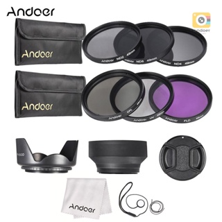 Andoer ชุดฟิลเตอร์เลนส์ UV+CPL+FLD+ND(ND2 ND4 ND8) ขนาด 49 มม. พร้อมกระเป๋าเก็บ ฝาปิดเลนส์ ที่ใส่ฝาปิดเลนส์ และเลนส์ฮู้ดยาง และผ้าทําความสะอาด