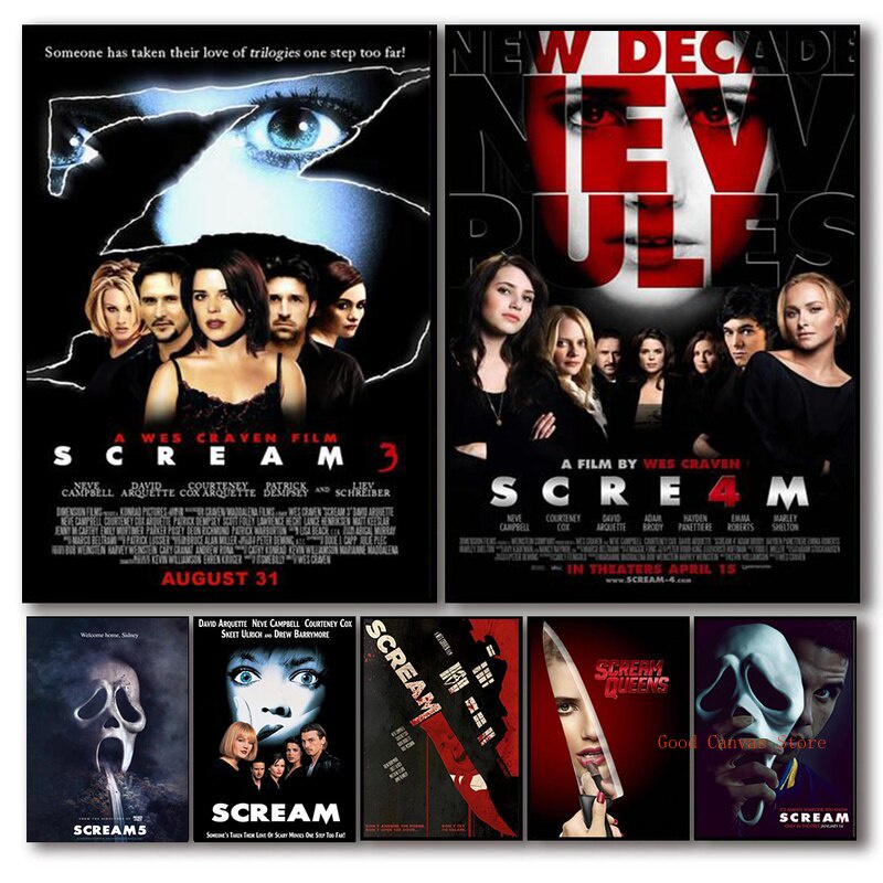 คลาสสิกสยองขวัญ Thriller ภาพยนตร์โปสเตอร์ Scream Series 345 ภาพวาดผ้าใบ Wall Art HD พิมพ์ภาพห้องนั่ง