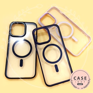 i14PRO 14PROMAX เคสขอบสีหลังใส กันเลนส์กล้อง ด้านหลังแม่เหล็กชาร์จไม่หลุดง่าย