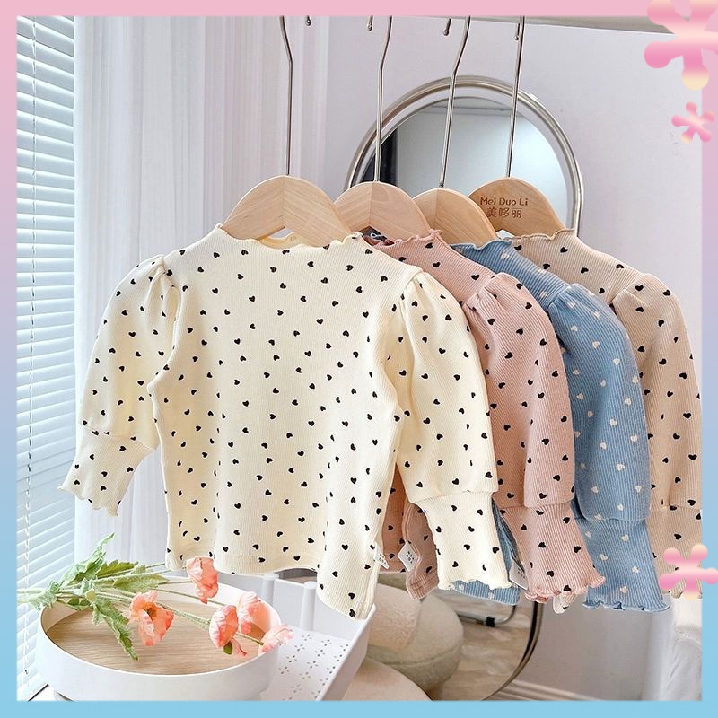 Tops 75 บาท Autumn New girls’ clothing baby children Korean style half-high collar bubble sleeve love stretch bottoming shirt T-shirt top Baby & Kids Fashion