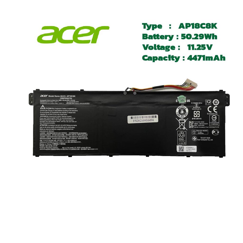 (ส่งฟรี ประกัน 1ปี) Acer แบตเตอรี่โน๊ตบุ๊ก Battery Notebook Acer Swift 3 SF314 Series AP18C8K ของแท้ T7BD