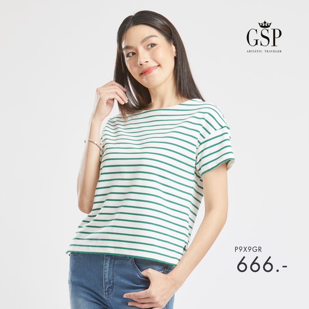 GSP Blouse เสื้อยืดแขนสั้นลายริ้วสีเขียว Lucky Stripes (P9X9GR)