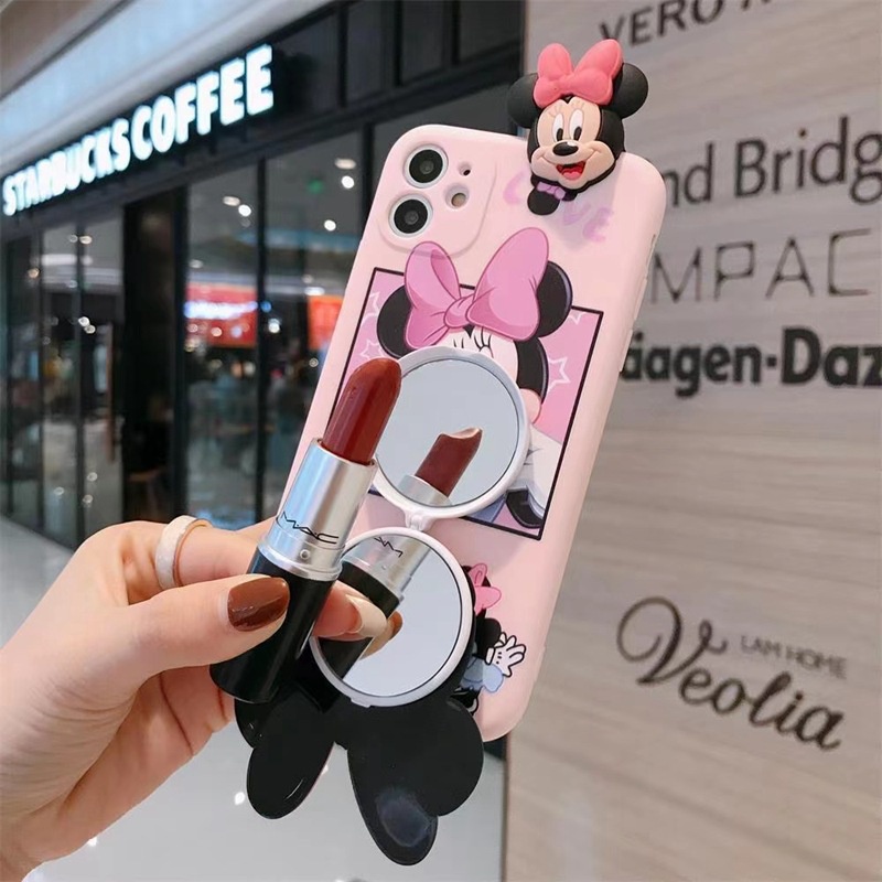 สําหรับ Samsung Galaxy S25 S24 S23 Ultra A55 A35 A25 A15 A24 A05S A04S A13 A33 A53 A73 S22 S21 S20 FE M14 M23 S10 S9 S8 Plus Note 8 9 20 10 Lite เคสโทรศัพท์ซิลิโคน ลายการ์ตูนมิกกี้ มินนี่เมาส์ 3d พร้อมกระจกแต่งหน้า และเชือกคล้อง สําหรับ