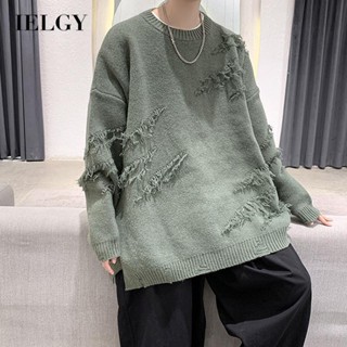 Ielgy เสื้อกันหนาว คอกลม ทรงหลวม สีพื้น สไตล์สตรีท สําหรับผู้ชาย