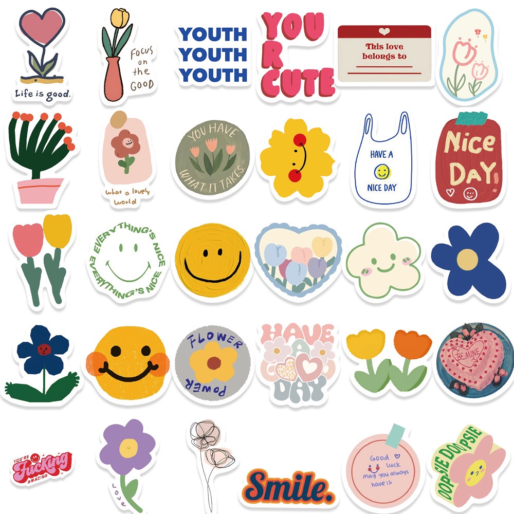 สติกเกอร์ PVC ลายดอกไม้และหน้ายิ้ม กันน้ํา สําหรับตกแต่งสมุดภาพ 90 ชิ้น