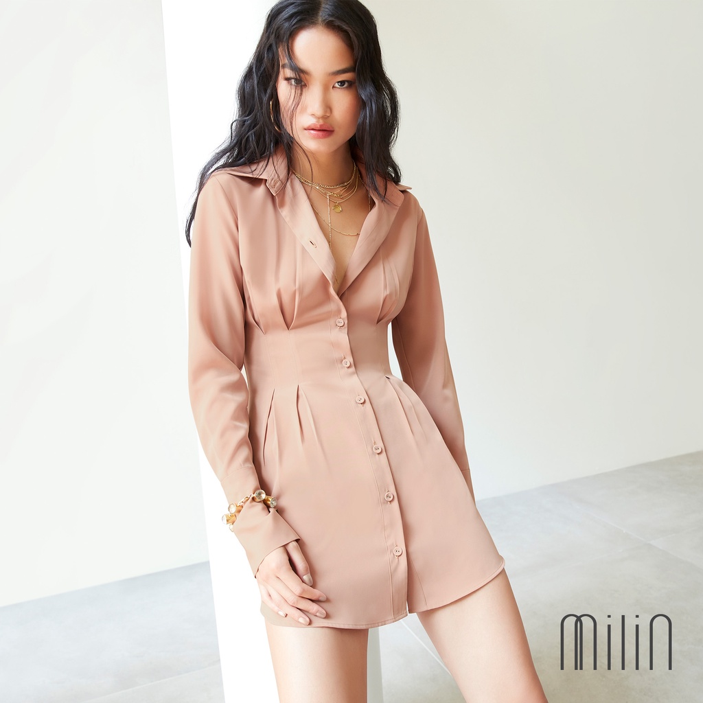 [MILIN] Allele Dress Front buttons pleated waist long sleeve shirt dress เชิ้ตเดรสแขนยาวจับจีบปุ่มซ่อนด้านหน้า